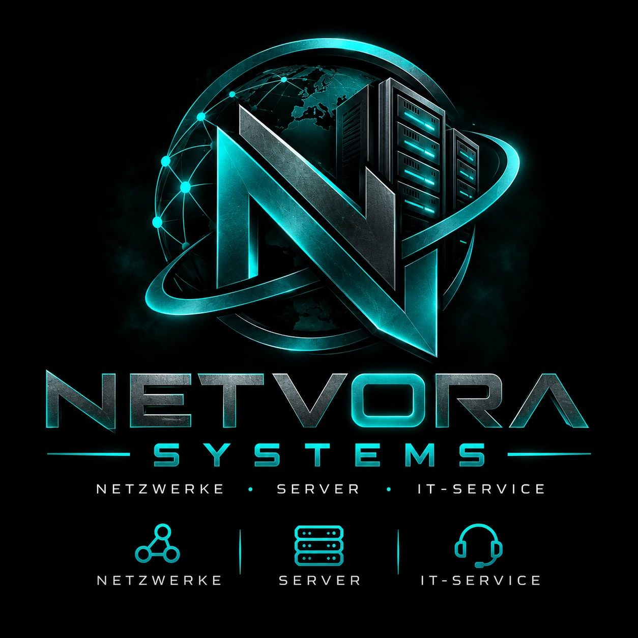Logo von Netvora Systems: ein metallisches N vor Globus und Server-Rack mit dem Schriftzug Netvora Systems – Netzwerke, Server, IT-Service